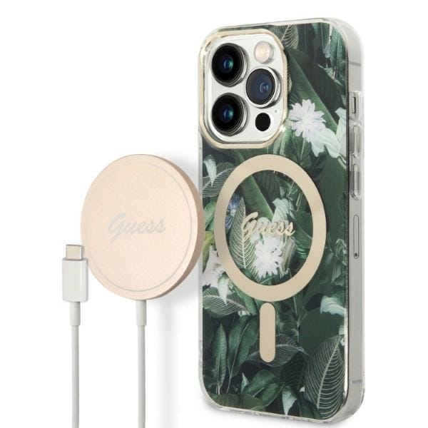 Guess GUBPP14XHJEACSA Case + Wireless Charger Apple iPhone 14 Pro Max zielony/green hard case Jungle MagSafe