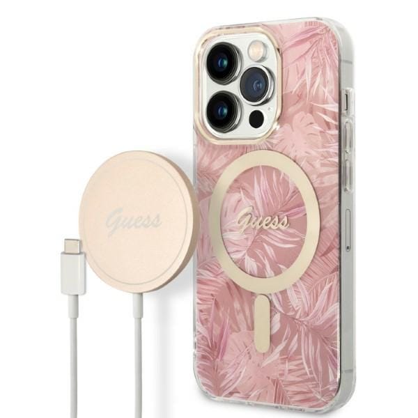 Guess GUBPP14XHJEACSP Case + Wireless Charger Apple iPhone 14 Pro Max różowy/pink hard case Jungle MagSafe
