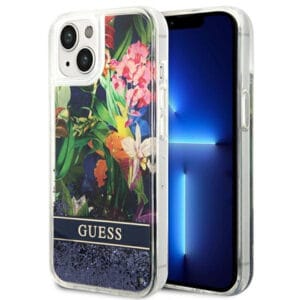 Guess GUHCP14MLFLSB Apple iPhone 14 Plus blue hardcase Flower Liquid Glitter